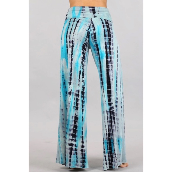 Aqua Blue Boho Tie Dye Foldover High Waist Wide Leg Palazzo Lounge Stretch Pants - Picture 3 of 6